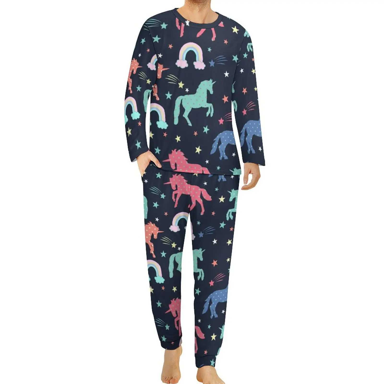 

Cute Unicorn Pajamas Long Sleeves Rainbows Stars Print 2 Pieces Room Pajama Sets Winter Male Design Retro Big Size Home Suit