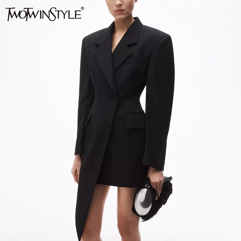 

TWOTWINSTYLE Solid Minimalist Blazer For Women Notched Collar Long Sleeve Patchwork Pockets Irregular Coat Female Fashion Style