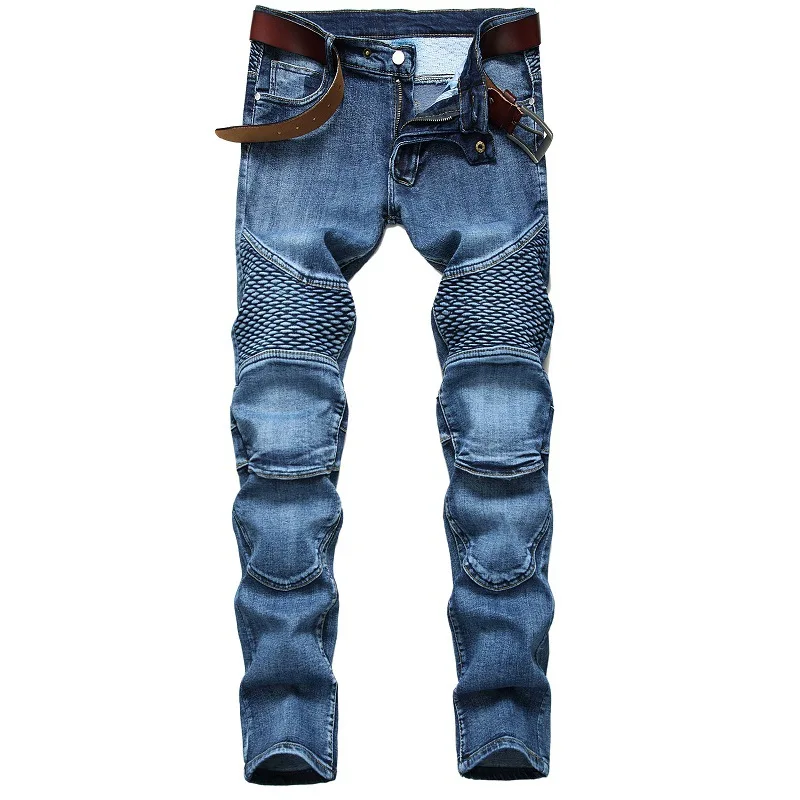 2024 Denim Pants Designer Motorcycle Bike Straight Jeans Men's Autumn Spring Punk Rock Streetwear Riding Knee Guard Pants