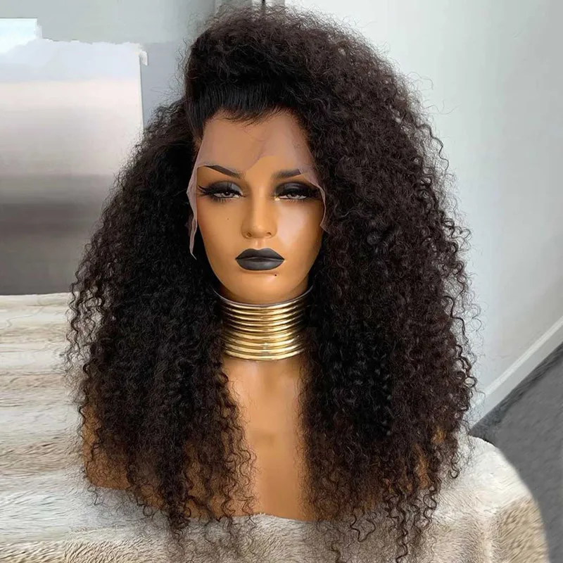 

Black 26 Inch Long Kinky Curly Lace Front Wig 180%Density Glueless With BabyHair Preplucked Heat Temperature Daily Cosplay Wig