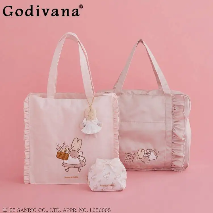 

2026 New Japanese Sweet and Cute Cartoon Rabbit Satin Lotus Leaf Lace Shoulder Bag Travel Fashion Portable Storage Handbag