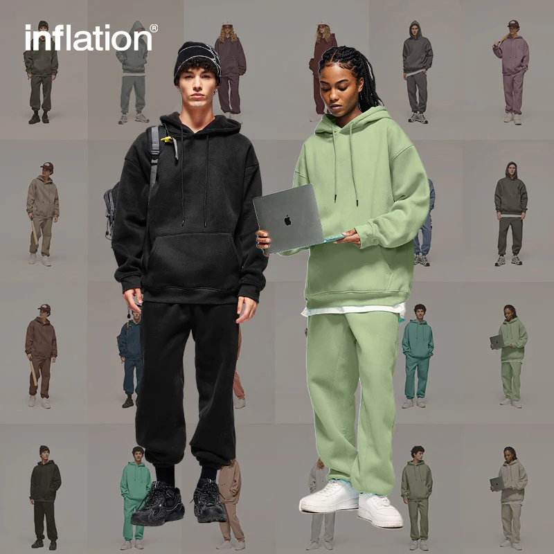 INFLATION-chándal de vellón grueso para hombre, traje de Jogging de Color sólido a la moda, conjunto de pantalones de chándal a juego en blanco,