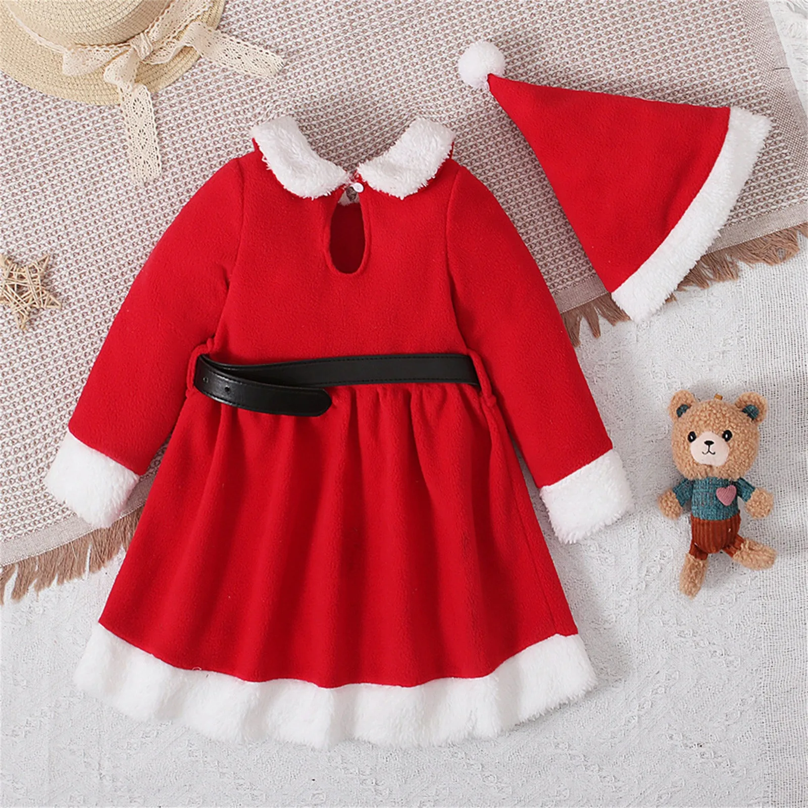 Toddler Kids Baby Girls Christmas Clothes Long Sleeve Santa Claus Cosplay Dress Winter Warm Fleece Dress With Hat X-mas Outfits