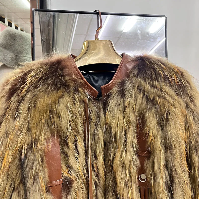 2025 New Fashion Women Real Natural Raccoon Fur Strip Sewed Toghter Coat Winter Thick Warm Long Sleeves Luxury Outerwear Jackets