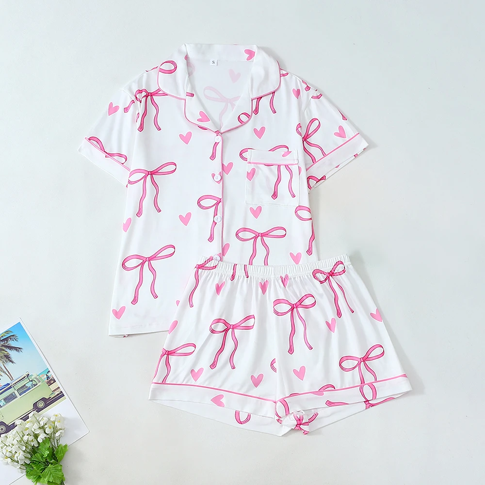 

2Pcs Women Bow Print Loungewear Button Down Short Sleeve Top With Elastic Waist Shorts Summer New Comfortable Breathable Pajamas