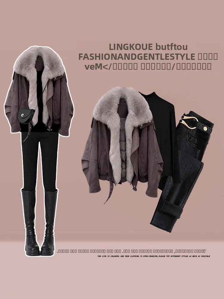 

Ele Winter Tee-Piece Set Women's Jeans Inner Wear Thi Parka Coat High Waist Skinny Jeans V-Ne Jaet Loose Fit Coat