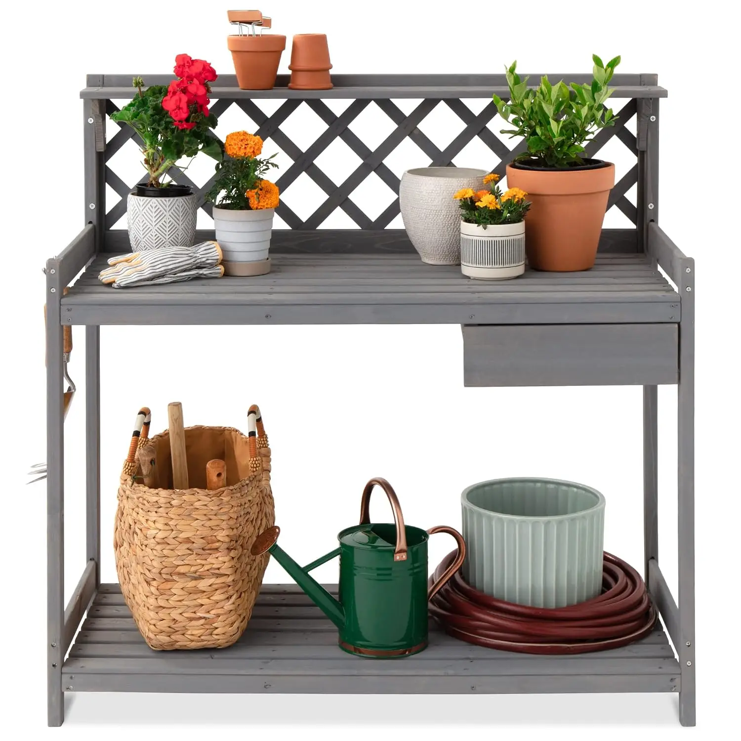 Outdoor Garden Potting Bench, Wooden Workstation Table w/Cabinet Drawer, Open Shelf, Lower Storage, Lattice Back -, Customized