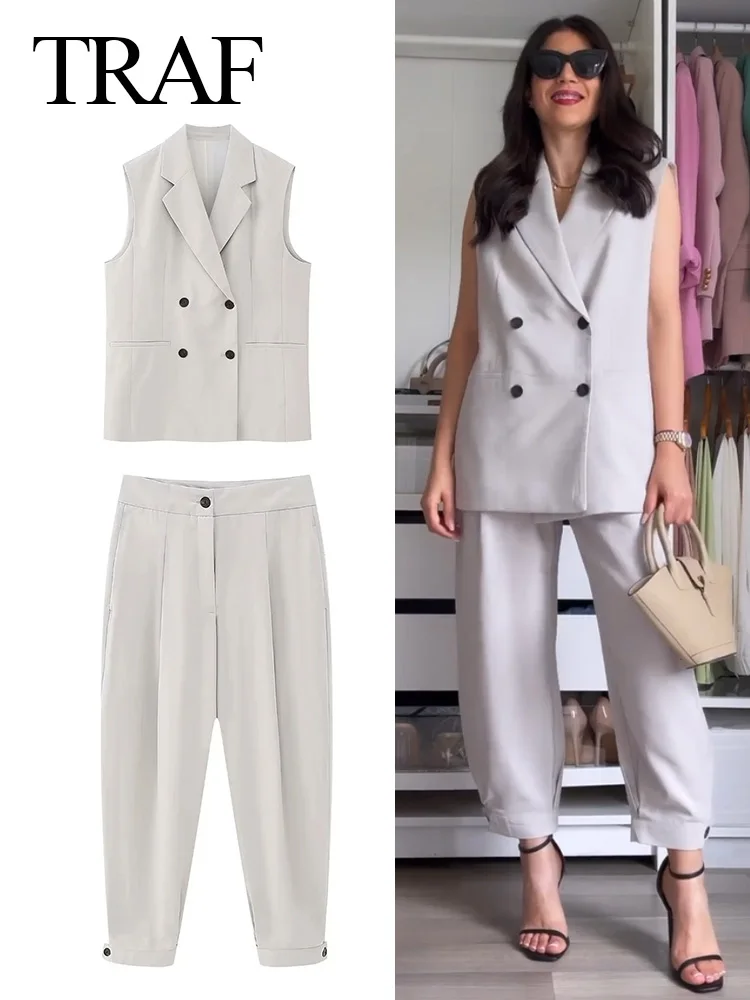 TRAF 2023 Trend Women Fashion Pants Suits Back Slit Lapel Tops + With Button Decoration High Waist Office Lady Casual Long Pants