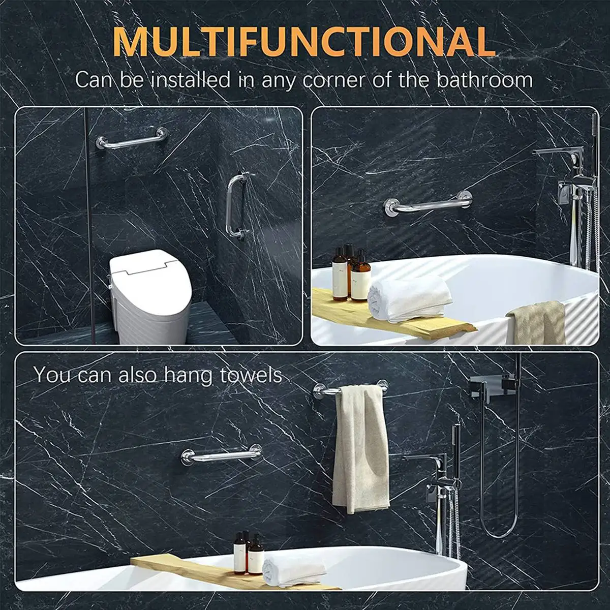 滑り止めシャワーグラブバー、テクスチャードハンドル付き、クロームメッキ、ステンレススチール、バスルーム、12インチ