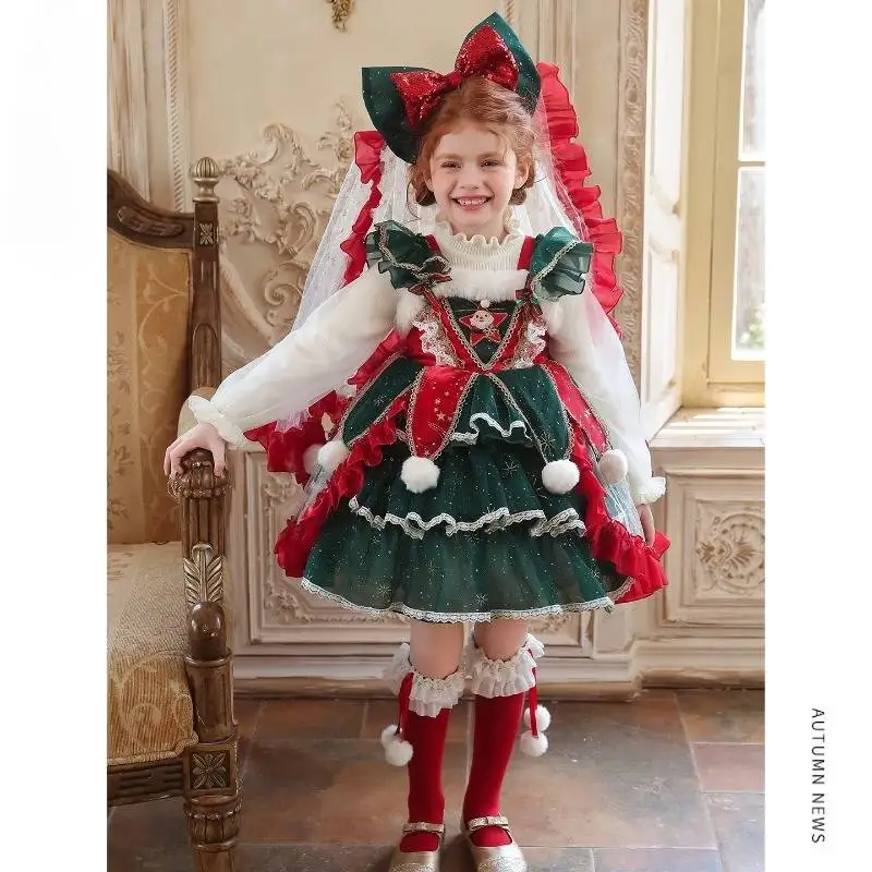 Girls Red Green Christmas Lolita Dress Kids Long Sleeve Ruffle Tiered Tulle Gown Princess Costume for Holiday Birthday Party