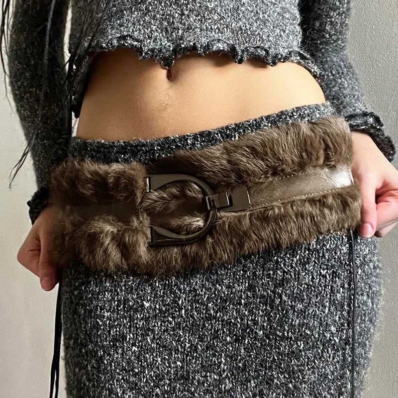 

Fashion Furry Patchwork Pu Leather Belt Winter Vintage Women'S Outdoor Skirts Jeans Trouser Decorative Waistband Ladies