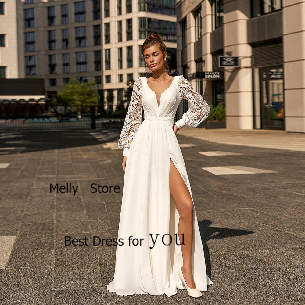 

Ivory Side Slit Wedding Dresses Simple Strapless Bridal Gowns Court Train Full Sleeve New Vestido De Novia Chiffon Robe Summer