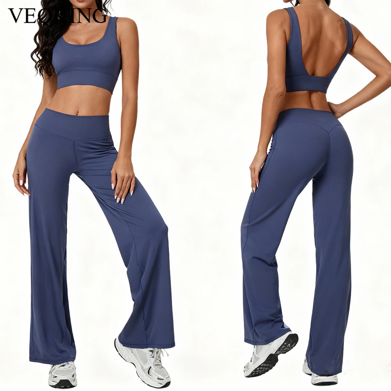 

VEQKING, комплект из 2 женских штанов для йоги, спортивные бюстгальтеры с открытой спиной, быстросохнущие укороченные колготки для спортзала, мягкие активные осенние теплые наряды