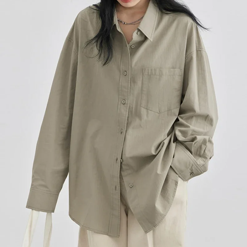 

Autumn Vintage Simple Cotton Linen Shirt Women Casual Long Sleeve Loose Woman Blouse with Pocket Buttons Solid Office Tops 30048