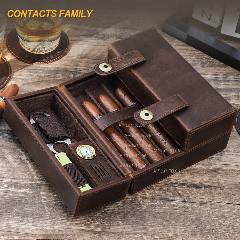 Vintage Crazy Horse Leather Flip Cigar Case Portable Humidor Travel Box for Accessories