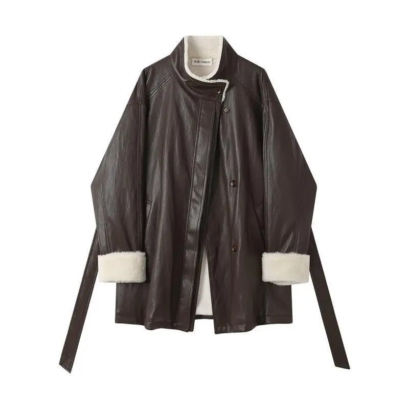 

Длинное пальто из искусственной кожи больших размеров, женское винтажное зимнее теплое пальто с лацканами и воротником Майяра, элегантная верхняя одежда на подкладке