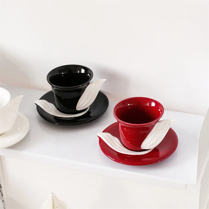 

Wings Shape Decorative Mug and Saucer Set,Exquisite Gift,Ceramic Breakfast Oatmeal Milk Mug,Office Coffee Mug,Desktop Decoration