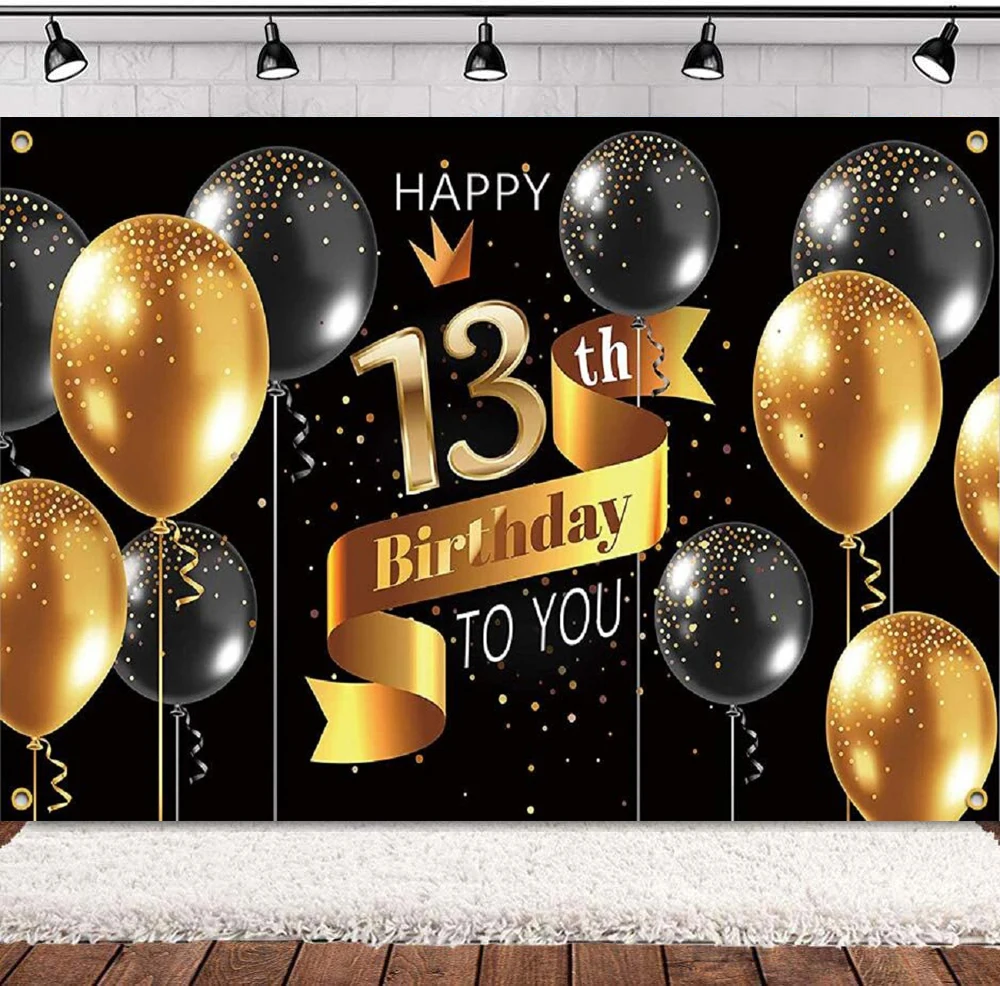 

Photography Backdrop Banner Happy 13th Birthday Party Background Decoration Supplies For Boys - Black Gold Balloon Poster