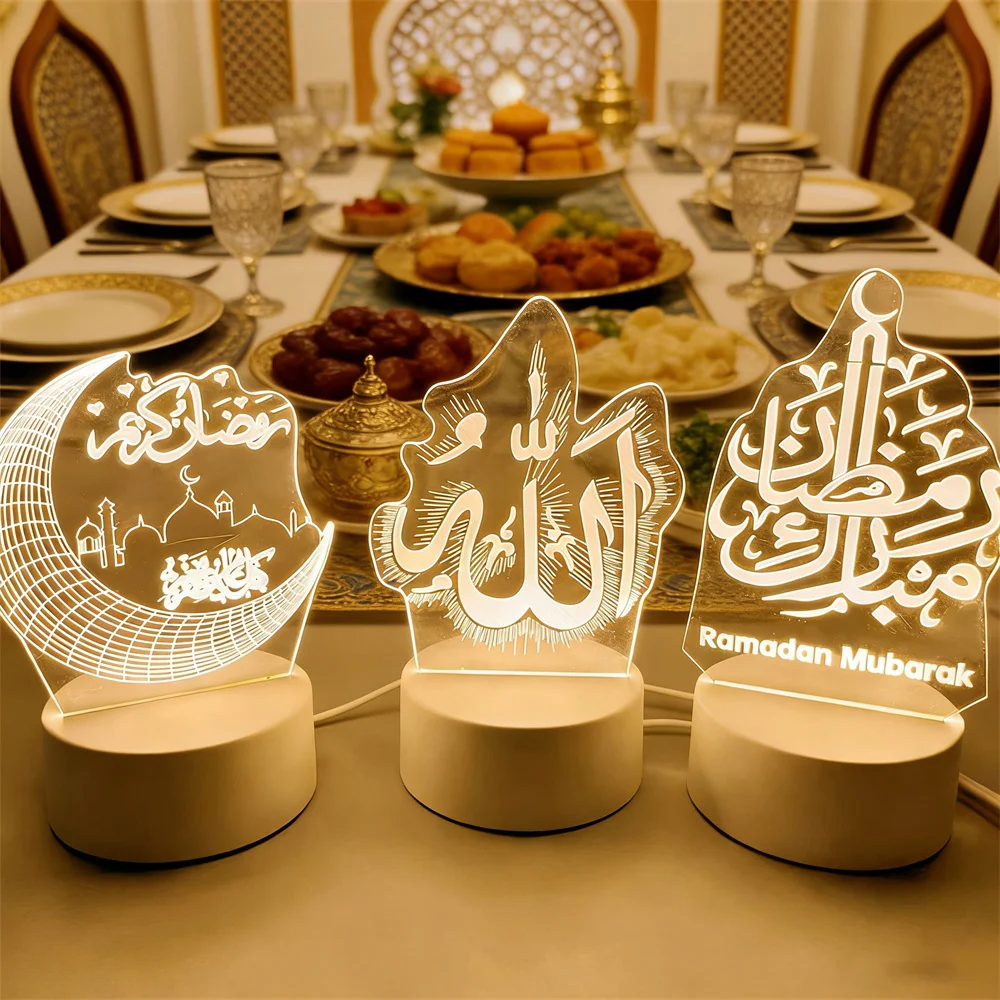 

USB Operated 3D Acrylic LED Night Light Eid Mubarak Table Ornament Eid Al Adha Muslim Ramadan Festival Home Bedroom Decoration