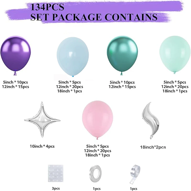 134pcs Ocean Balloon Garland  Metallic Purple Green Latex Balloon Arch Kit Set Baby Shower Marine Birthday Party Decor Globos