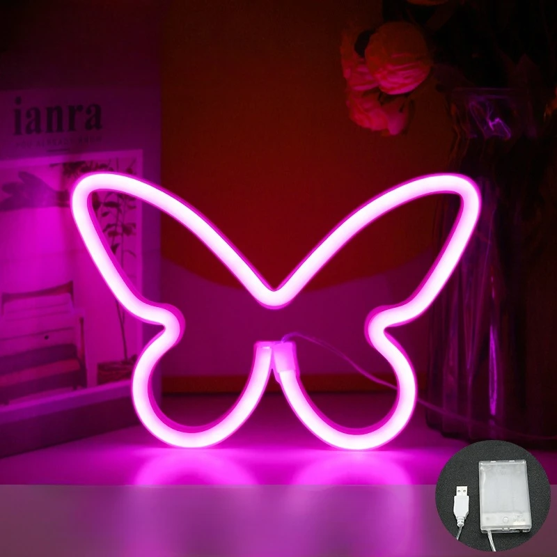 Vlinder Neon Sign USB / Batterijaangedreven LED Neonlicht voor Kerstmis Thuis Slaapkamer Verjaardagsfeestje Kamerdecoratie Nachtlampje