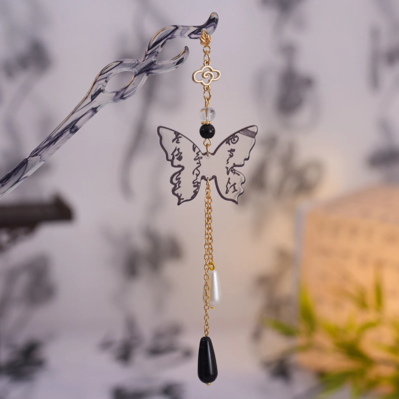 Vintage Wooden Hairpin For Women Chinese Ink Wash Butterfly Lotus Tassel Hair Stick Girls Trendy Hair Accessories Hair Clips view 4