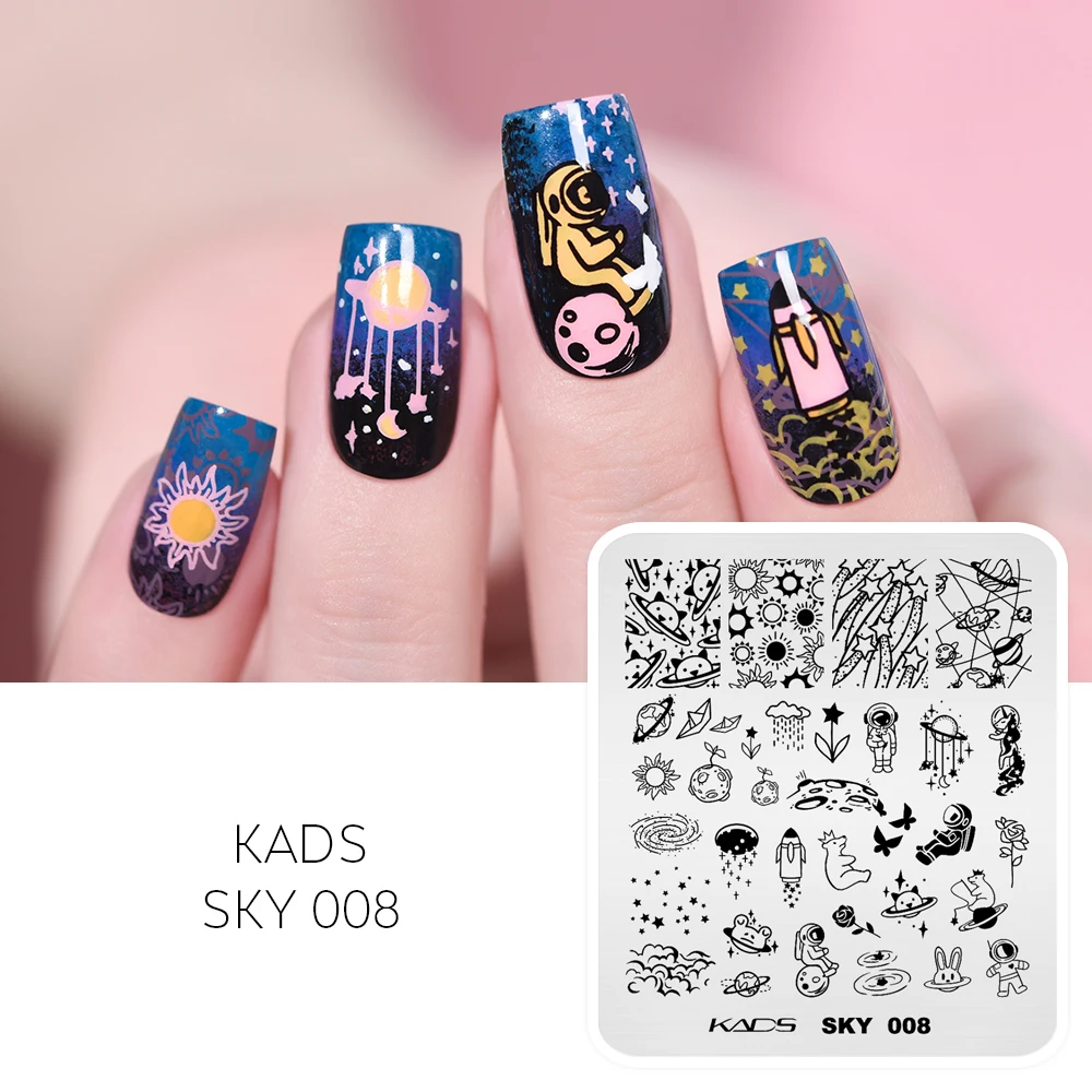 KADS SKY 008 Nail Stamping Plates Astronaut Dark Cloud Rain Rocket Star Paper Boat Printing Stencil Manicure Art Stamp Template