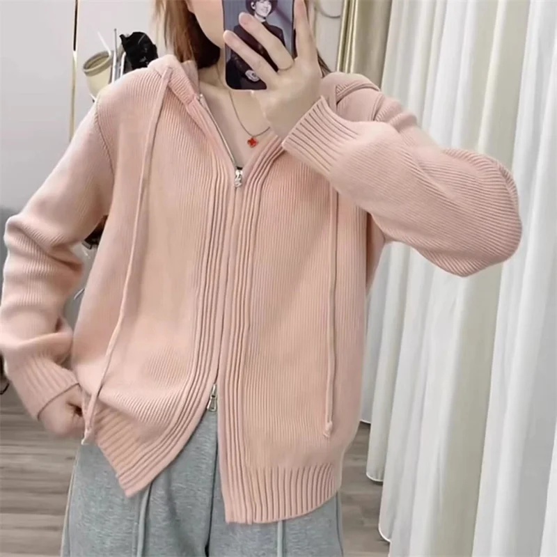 Осенне-зимний женский вязаный свитер с капюшоном премиум-класса, длинный кардиган без катышков, пальто обычной длины, повседневный Sle