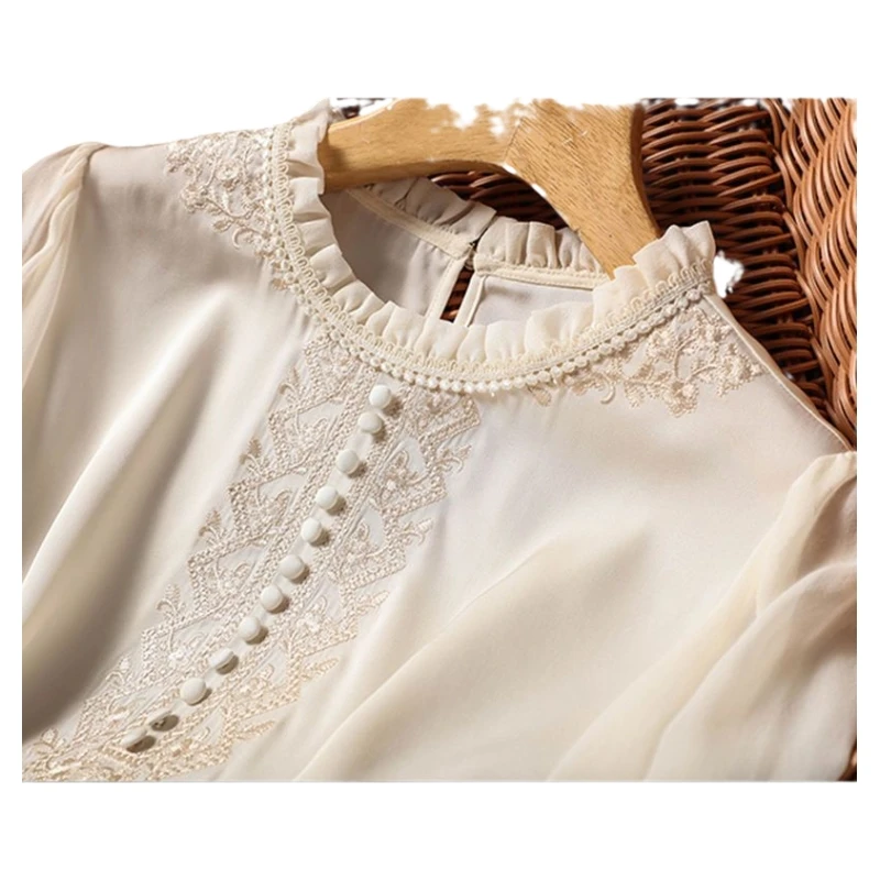 Chemisiers brodés en Satin de soie pour femmes, manches longues, col à volants, chemises décontractées, bureau, vêtements décontractés, hauts grande taille