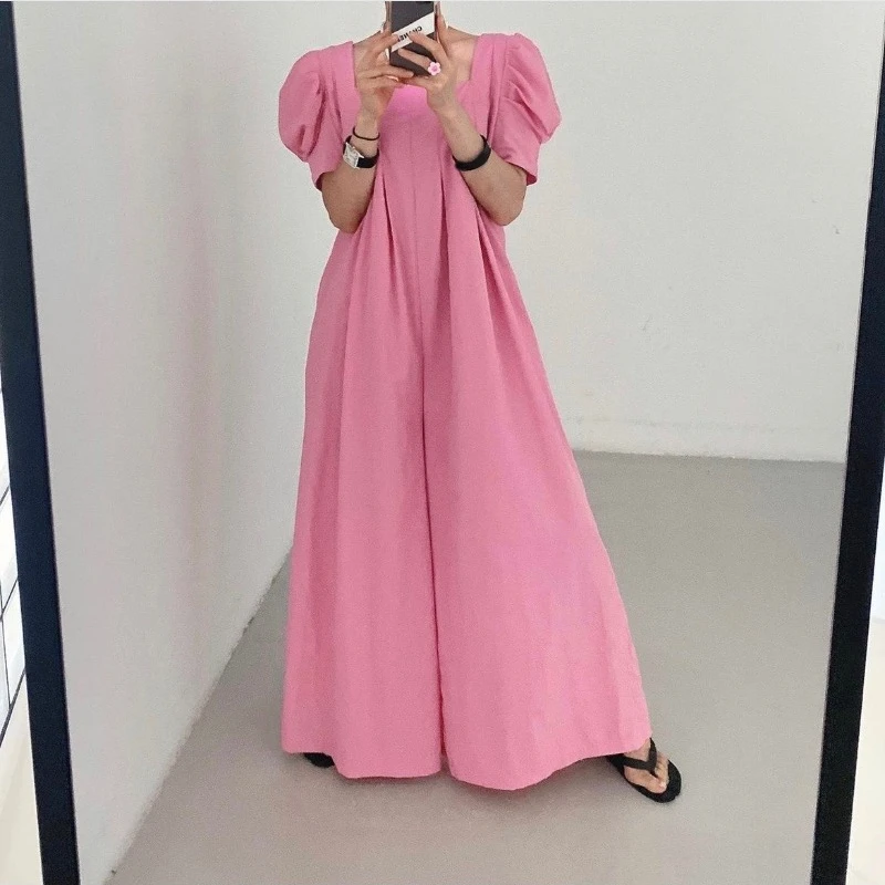 

Summer Fashion Jumpsuit Women Sweet Square Neck Pleated Bubble Sleeves Loose Straiight Pants OL Style Chic Monos Mujer Elegante