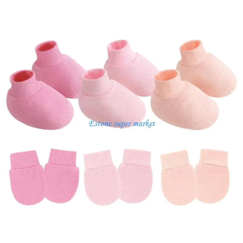 090B 3 Set Cotton Infant Mittens with Reinforced Cuffs and Matching Socks Foot Cover