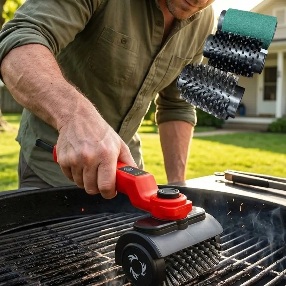 

Portable Electric Grill Cleaning Brush High Speed Rotating BBQ Barbecue Brush 3 Replacement Head Handheld