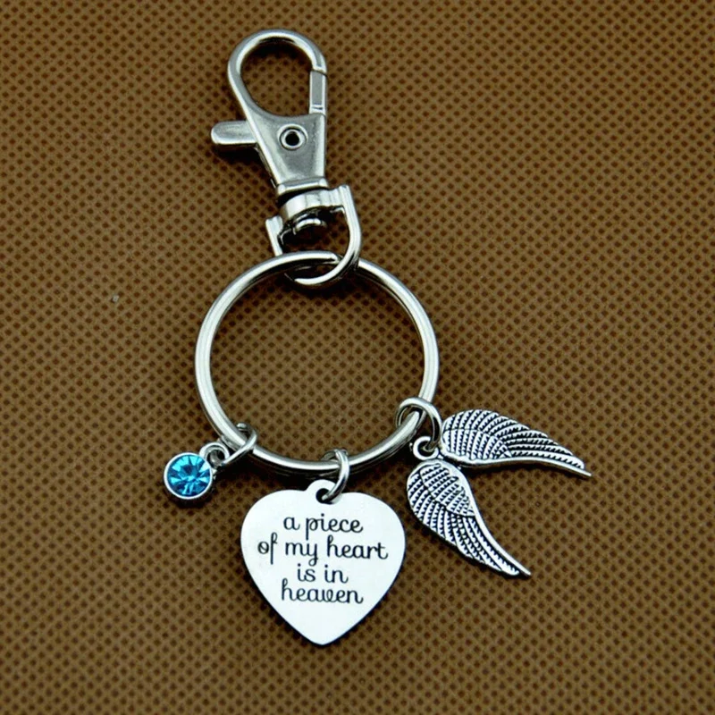 Birthstone Keyring, Angel Wing Keychain, Memorial Key Chain, A piece of my Heart is in Heaven Sympathy Gifts Loss of Loved One