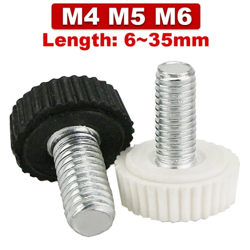 Cabeza de plástico redonda pequeña con tornillo de pulgar moleteado, tornillo de pulgar de nailon blanco y negro, perilla de baquelita, M4, M5, M6, 10/20 unidades