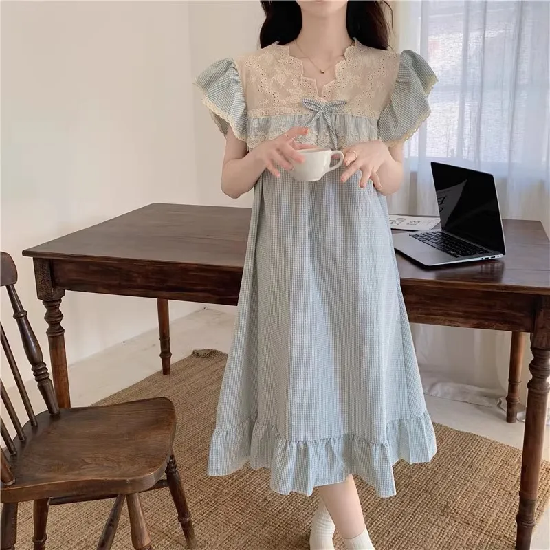 Korean Embroidery Lace Patchwork Summer Pajamas Set Women Ruffles Casual Pink Plaid Shirts + Shorts Loose Sweet Sleepwear Bow