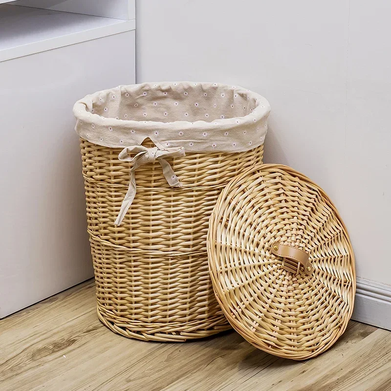 Nordic Clothes Basket Natural Vine Weaving Storage Baskets Dust With Cover Organizer Boxes Cotton Linen Lining Home Supplies