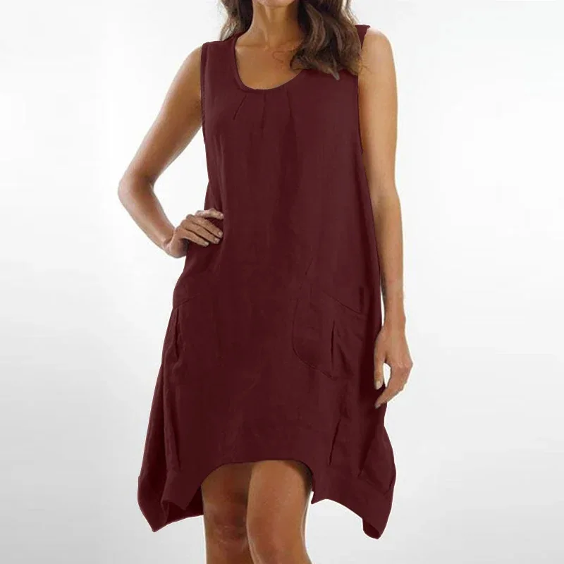 

Loose Cotton Linen Dress Fashion Casual Solid Color Women's Clothing Elegant Sleeveless O-neck Irregular Pocket Midi Dresses