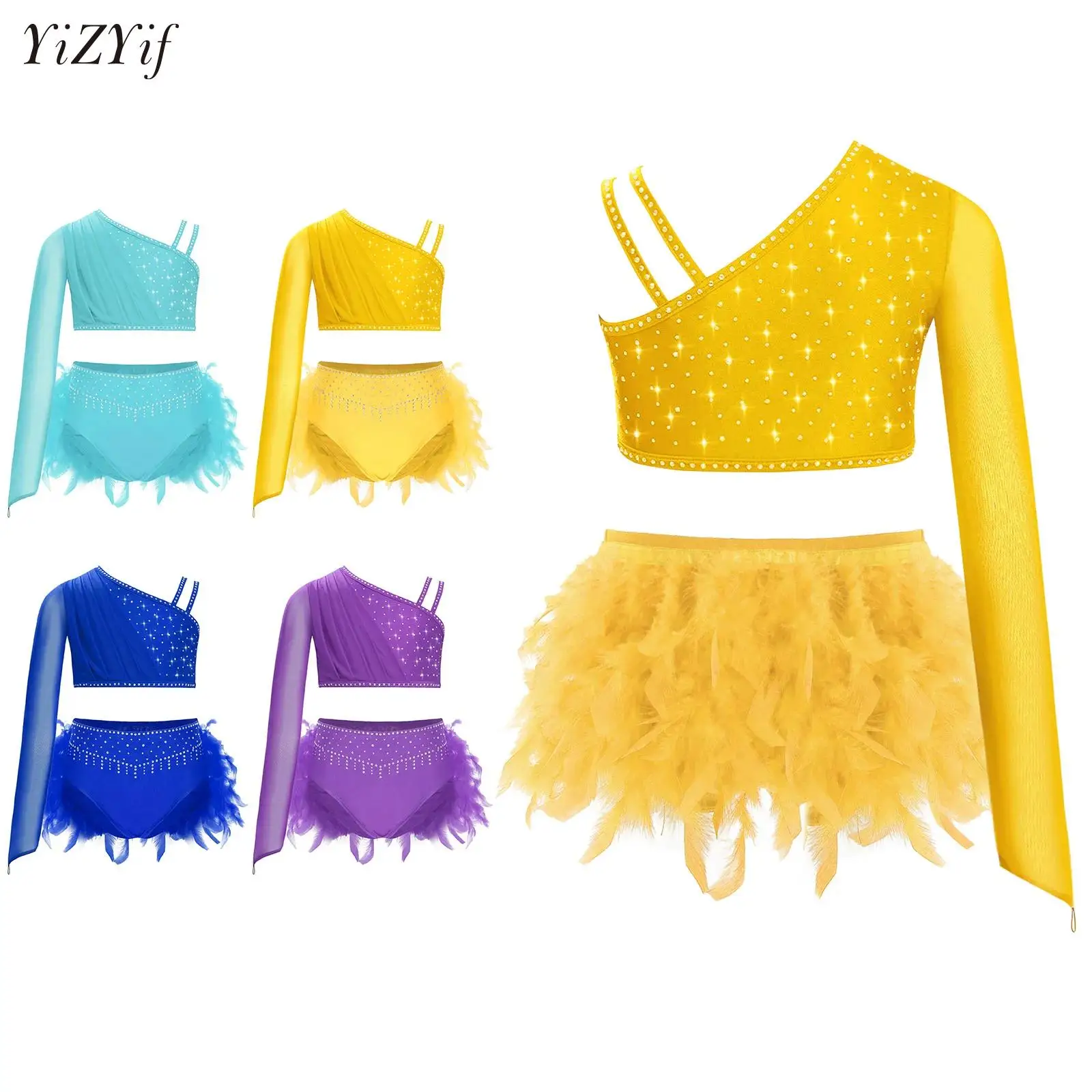 

Kids Girls Modern Lyrical Dance Set Stage Performance Costume Jazz Skating Ballet Gymnastics Outfit Crop Top with Feather Skirt