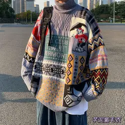 Korean Autumn Winter Men's Fashion New Year Youth Bear Thickened Long Sleeve Loose High Collar Versatile Comfortable Knitted Top