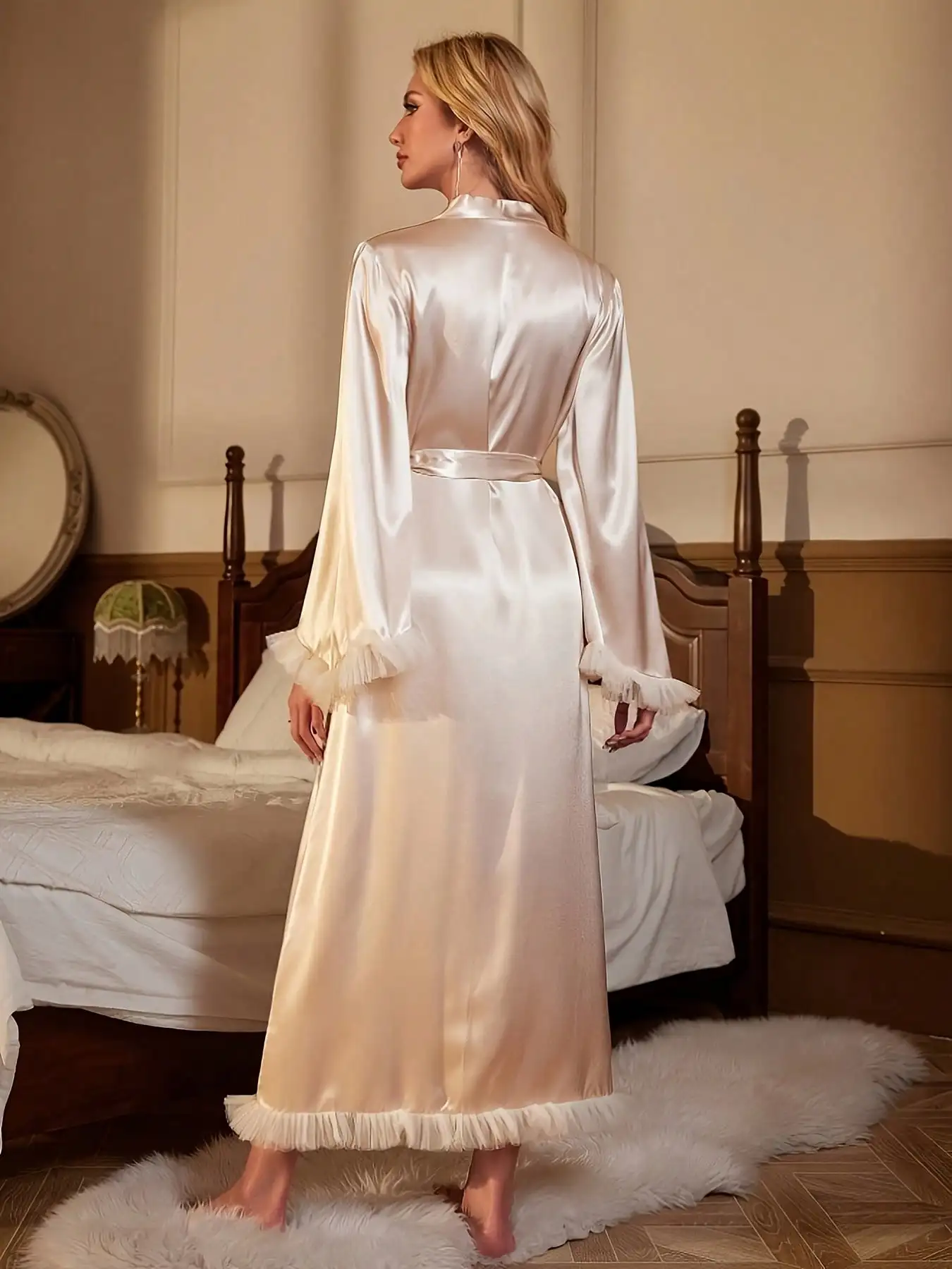 Women's Elegant Long Nightgown with Lace Trim, a Must-Have for All Seasons, Can Be Worn Outside, Bridal Dressing Gown, Luxurious Imitation Silk Satin Loungewear
