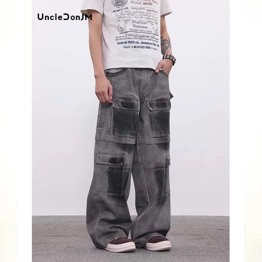 Heavy Industry Spray Paint Distressed Dirty Fit Baggy Jeans Hip-hop Trend Design Sense Loose Cargo Pants