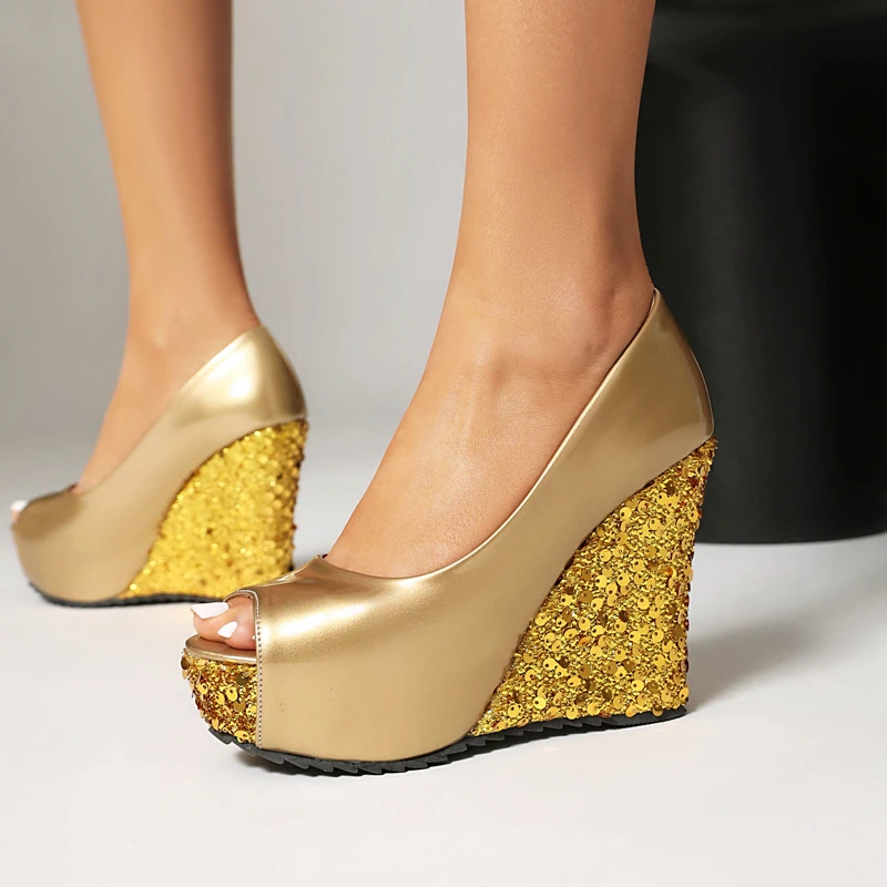 

Peep Toe Platform Sandals Women Sexy Gold White Shiny Glitter Wedge Heels Shoes Female Fashion Banquet Nightclubs Party Pumps 41