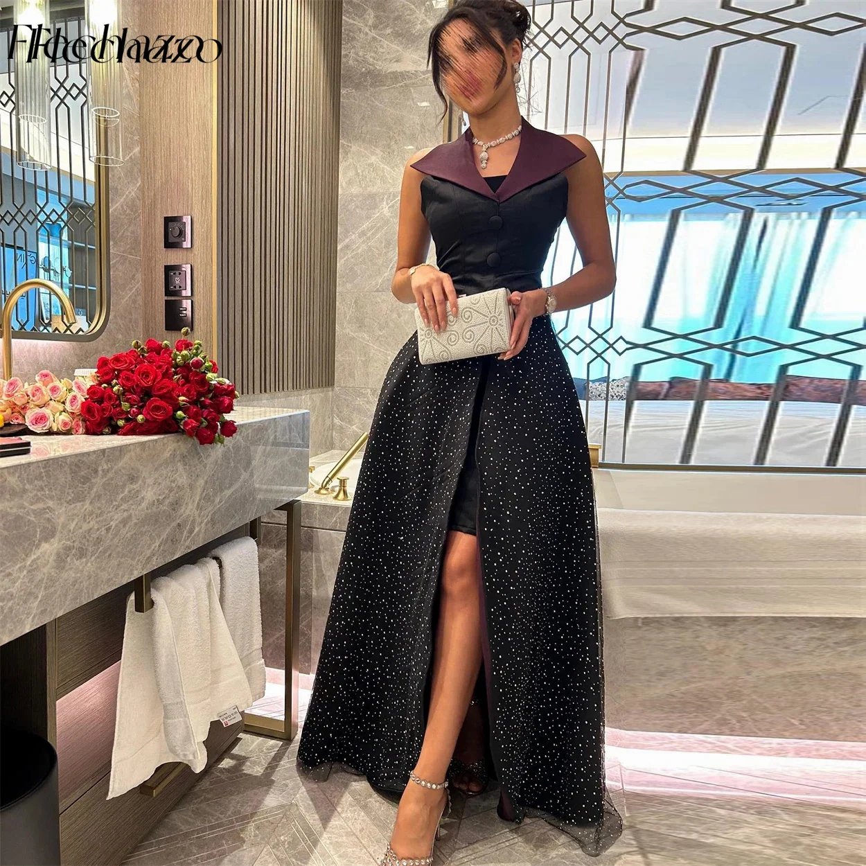 

Flechazo Black Dot Satin Evening Dresses V Neck Sleeveless A-Line Wedding Party Gowns For Women 2024 Saudi Arabia فساتين السهرة