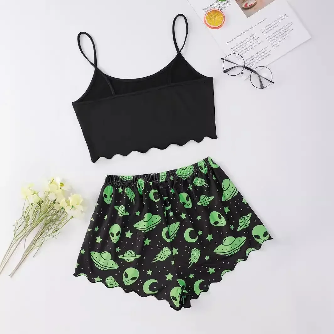 Sexy Alien Print Sling Sleepwear Women\'s Pajamas Set V-Neck Pyjamas Female Homewear Sleeveless Cute  Top And Shorts