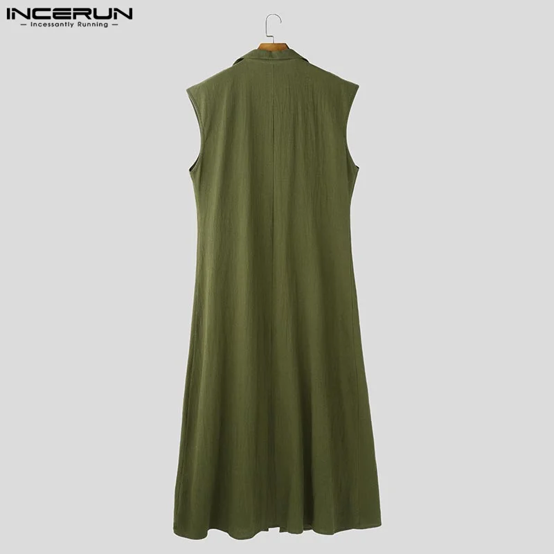 INCERUN, camisas de manga larga para hombre, cárdigan informal sin mangas con cuello levantado liso para hombre, ropa de calle 2021, prendas de vestir exteriores de punto abierto a la moda