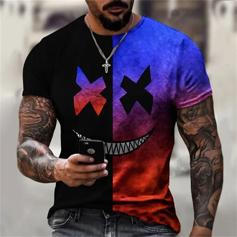 

Summer New Popular Color Blocking Smiley Face Funny 3D Digital Printing Men's Street Trend Loose T-shirt Big Size S-5XL