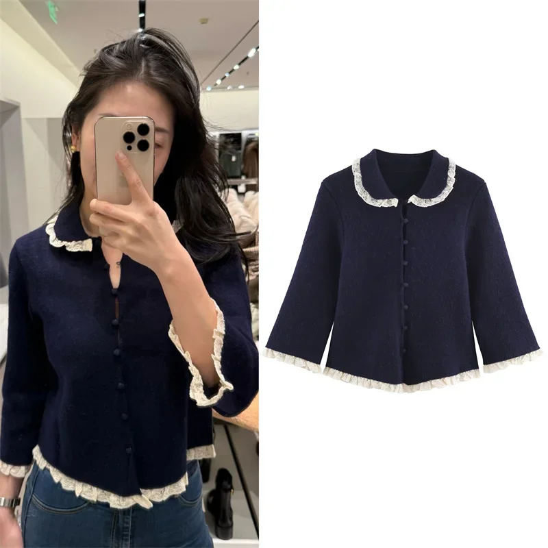 

Autumn Women Knit Cardigan with Lace Peter Pan Collar Patchwork Long Sleeve Button Casual Women's Sweater Female Tops