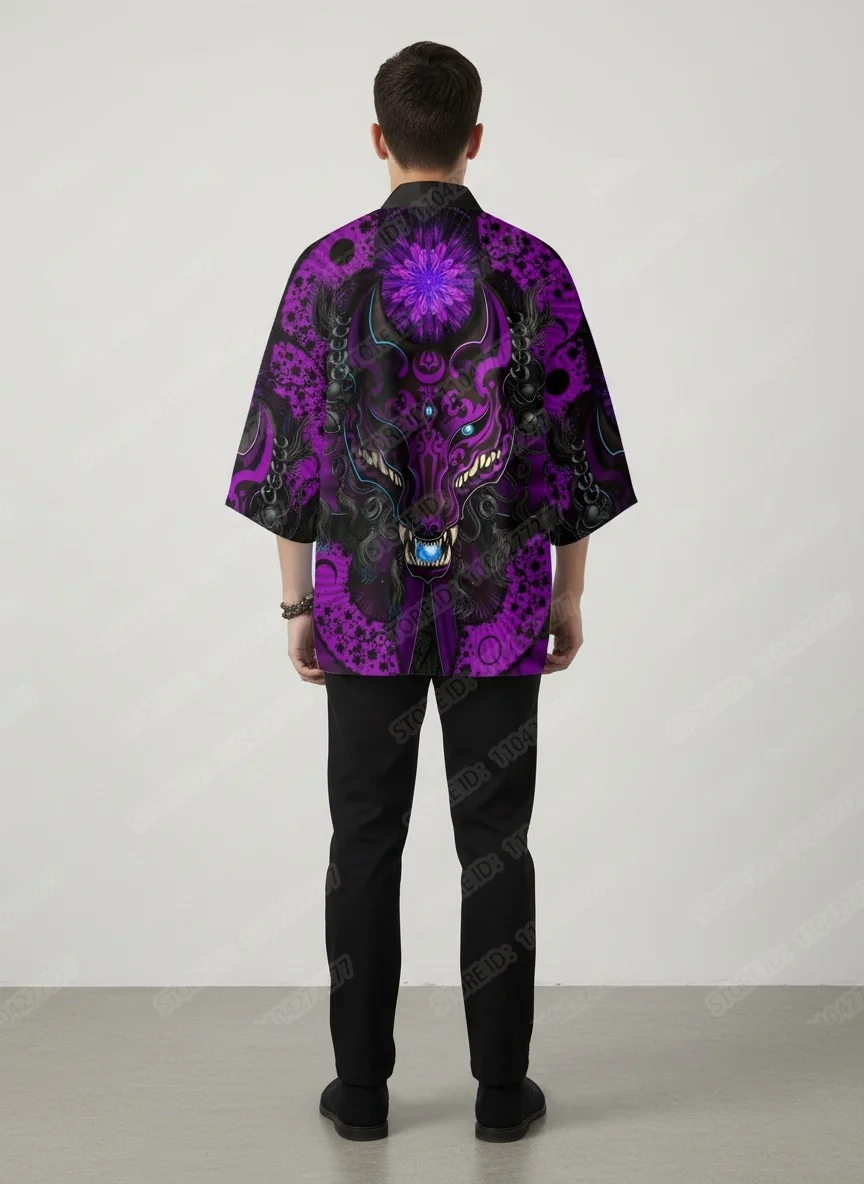 Japanese Kimono Purple Dragon Graphic Print Cosplay Vintage Streetwear Adult Traditional Samurai Loose Kimono Cardigan for Men