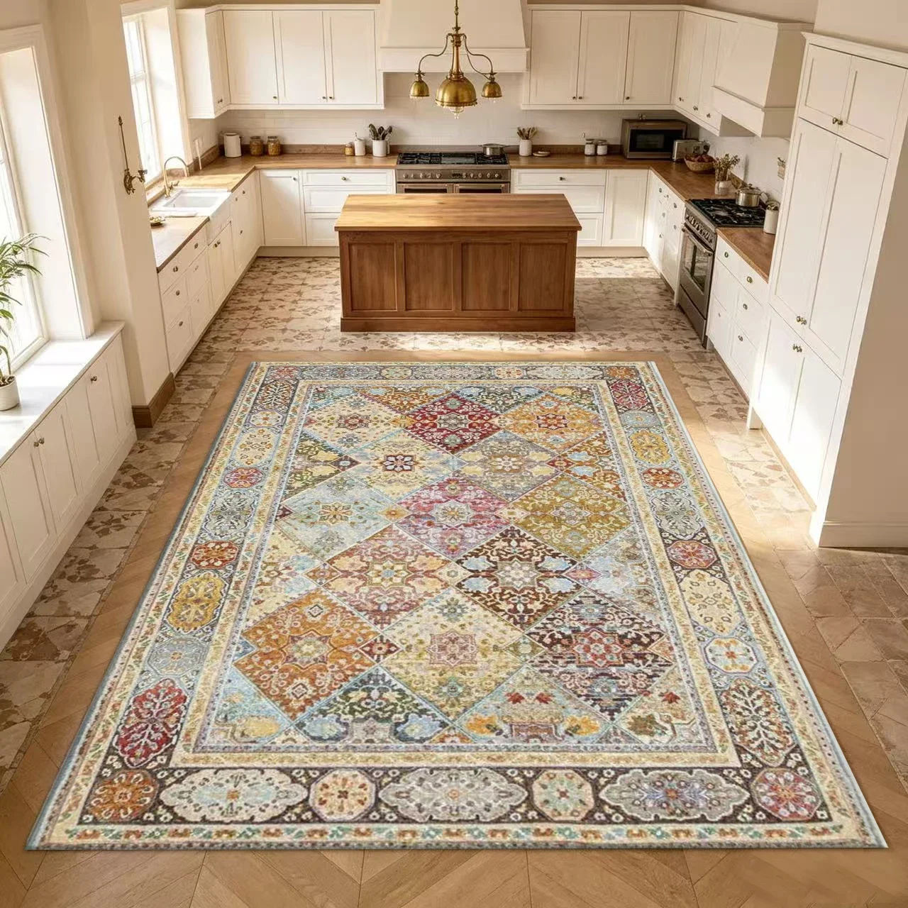 Multicolor Patchwork Diamond-Shaped Oriental Carpet Vintage Bohemian Style Carpet Living Room Decorative Carpet