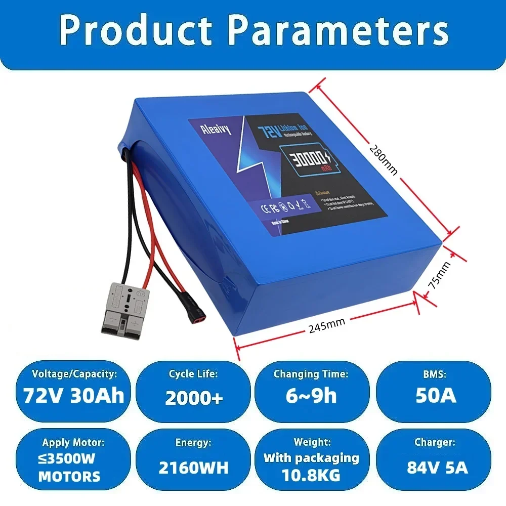 72V 30Ah 고출력 및 고속 충전 리튬 배터리 팩(100W-3600W 모터용) 전기 자전거 자전거(50A BMS IP54 방수 포함)